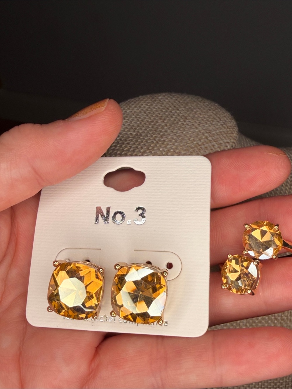Gold Amber Crystal Stud Earrings and ring sz 8 - adjustable